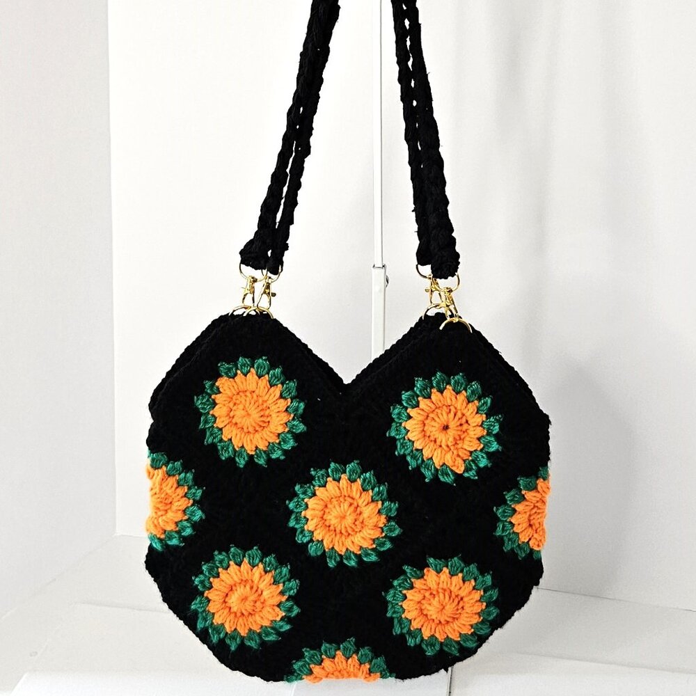 Crochet Granny Square Crossbody/Shoulder Handbag in Black and Orange Motif
